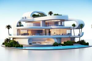 3D rendering of a futuristic modern house white background Ai Generated photo