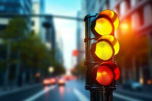 Traffic light signal on the road in the city. 3d rendering Ai Generated photo