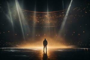 Young man standing in back of stage lights and looking at spotlights Ai Generated photo