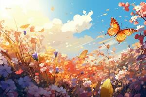 Beautiful spring landscape with colorful flowers and butterfly. Nature background. Ai Generated photo