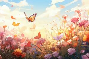 Beautiful spring landscape with colorful flowers and butterfly. Nature background. Ai Generated photo