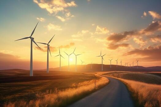 viento turbinas a puesta de sol. alternativa energía fuente. 3d representación. ai generado foto