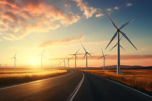 viento turbinas a puesta de sol. alternativa energía fuente. 3d representación. ai generado foto