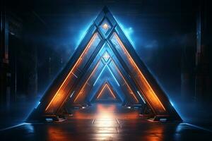 3d rendering of 3d triangle shape in dark room with neon light. Ai Generated photo