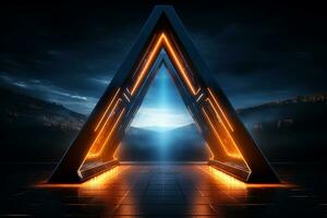 3d rendering of 3d triangle shape in dark room with neon light. Ai Generated photo