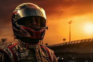 Racing driver with helmet on the background of a beautiful sunset. Ai Generated photo