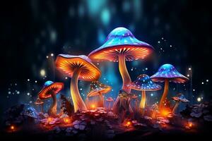 magia hongos en el bosque a noche. 3d hacer ilustración. ai generado foto