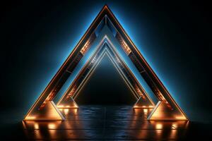 3d representación de 3d triángulo forma en oscuro habitación con neón ligero. ai generado foto