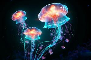 Magic mushrooms in the forest at night. 3d render illustration. Ai Generated photo