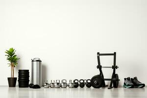 Fitness equipment on white background. Mock up, 3D Rendering Ai Generated photo