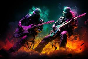 rock banda jugando eléctrico guitarra en oscuro tonificado antecedentes con fumar. ai generado foto