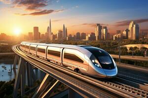 High speed train on the bridge over the Moscow river at sunset Ai Generated photo