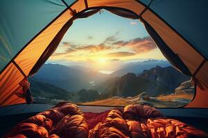 Camping in the mountains at sunset. Vector illustration for your design Ai Generated photo