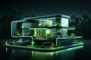 3d render of modern house with green lights on the roof. Ai Generated photo