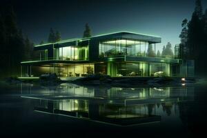 3d render of modern house with green lights on the roof. Ai Generated photo