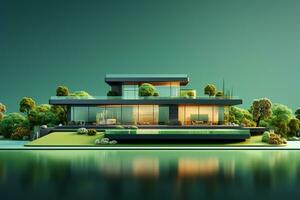 3d render of modern house with green lights on the roof. Ai Generated photo