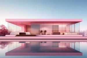 3d representación de moderno casa en rosado color con Cereza flores ai generado foto