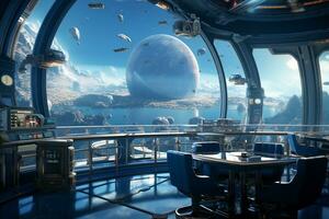 View from the office window of a futuristic space station. 3d rendering Ai Generated photo