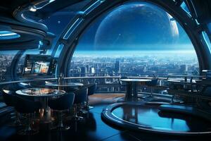 View from the office window of a futuristic space station. 3d rendering Ai Generated photo