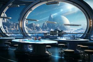 View from the office window of a futuristic space station. 3d rendering Ai Generated photo