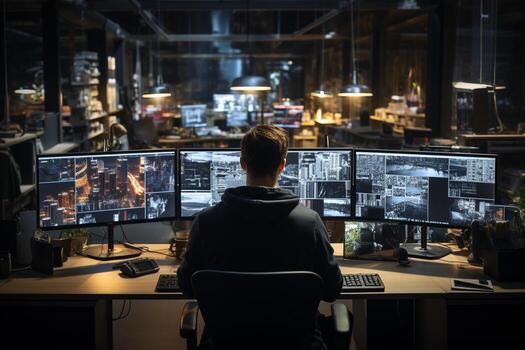 posterior ver de un empresario sentado a su escritorio en frente de múltiple computadora pantallas con valores mercado cartas y gráficos ai generado foto