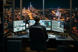 Rear view of a businessman sitting at his desk in front of multiple computer screens with stock market charts and graphs Ai Generated photo