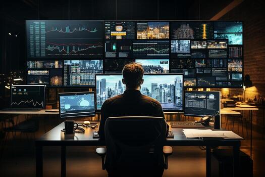 posterior ver de un empresario sentado a su escritorio en frente de múltiple computadora pantallas con valores mercado cartas y gráficos ai generado foto