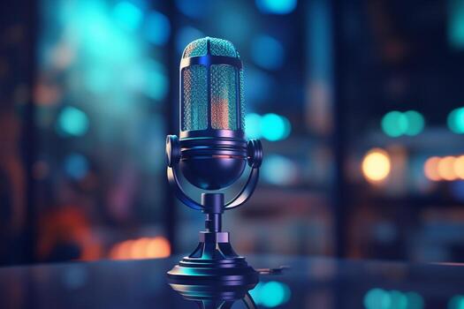 micrófono en un estar en frente de un vistoso bokeh antecedentes. 3d representación ai generado foto