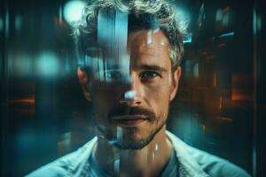 Portrait of young handsome man against night city background with binary code Ai Generated photo