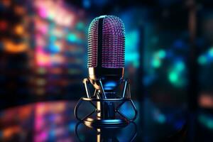 Microphone on a stand in front of a colorful bokeh background. 3d rendering Ai Generated photo