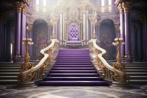 Interior of royal palace with red carpet and stairway, 3d render Ai Generated photo