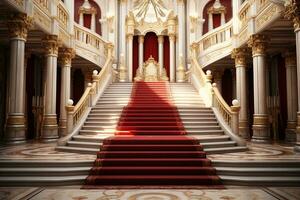 interior de real palacio con rojo alfombra y escalera, 3d hacer ai generado foto