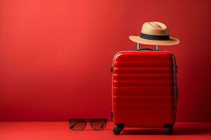 Suitcase with hat and sunglasses on red background. Travel concept AI Generated photo