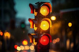 Traffic signal light on the road in the city. Blurred background. Ai Generated photo