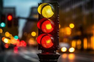 Traffic signal light on the road in the city. Blurred background. Ai Generated photo