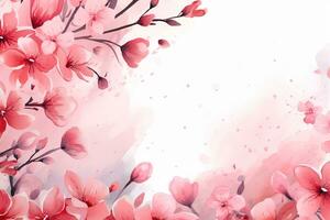 Watercolor floral border with pink flowers and leaves on white background. AI Generated photo