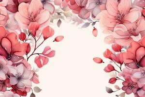 Watercolor floral border with pink flowers and leaves on white background. AI Generated photo