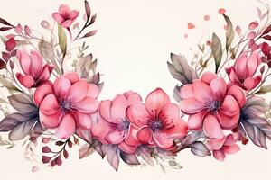 Watercolor floral border with pink flowers and leaves on white background. AI Generated photo