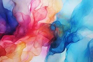 Abstract background with blue, pink and yellow watercolor stains. Alcohol ink texture. Ai Generated photo