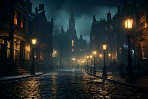 antiguo pueblo calle a noche con niebla y luces, brujas, Bélgica ai generado foto