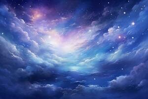 Sky clouds fantasy background with stars and nebula. Vector illustration. Ai Generated photo