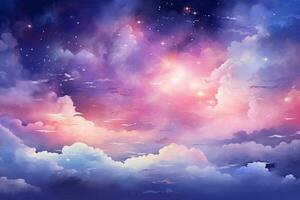 Sky clouds fantasy background with stars and nebula. Vector illustration. Ai Generated photo