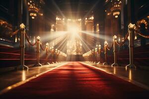 Red carpet with gold stanchions in a royal palace. 3d rendering Ai Generated photo