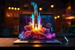 Laptop with rocket flying out of the screen. 3D rendering Ai Generated photo