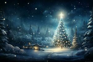 Christmas tree in winter forest with snowflakes. Christmas background. Ai Generated photo