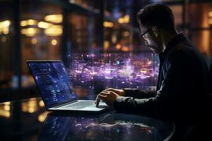 Back view of businessman working on computer in dark office. Mixed media Ai Generated photo