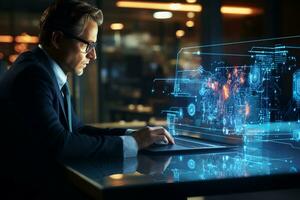 Back view of businessman working on computer in dark office. Mixed media Ai Generated photo