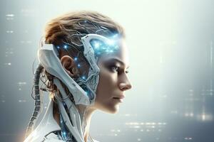 Close up of female robot head with glowing brain. Artificial intelligence concept. 3D Rendering Ai Generated photo