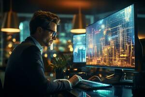 Back view of businessman working on computer in dark office. Mixed media Ai Generated photo