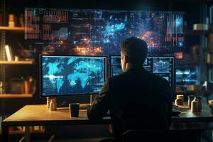 Back view of businessman working on computer in dark office. Mixed media Ai Generated photo